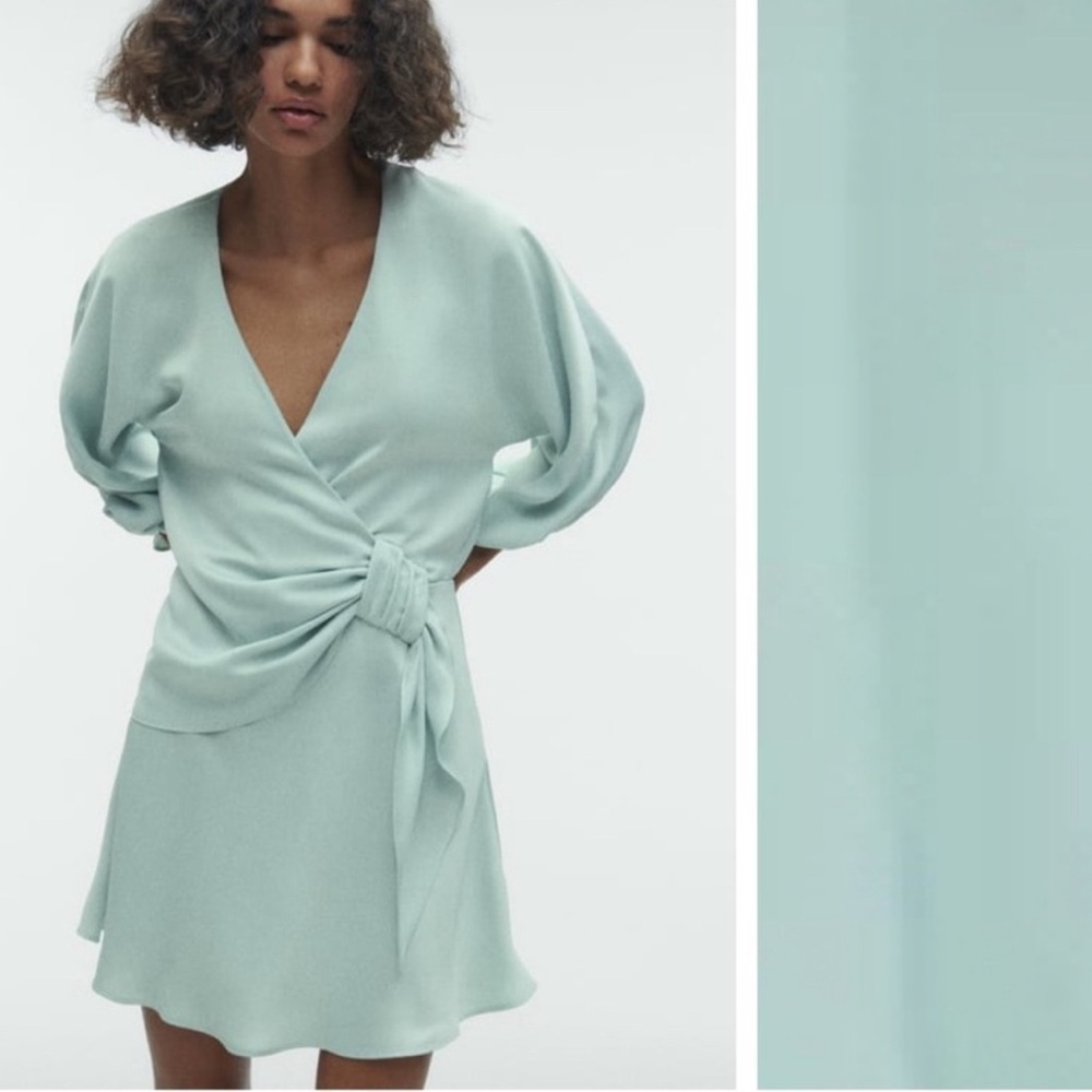 ZARA Blue Satin Wrap Mini Dress Balloon Long Sleeve Belted S - Picture 4 of 5